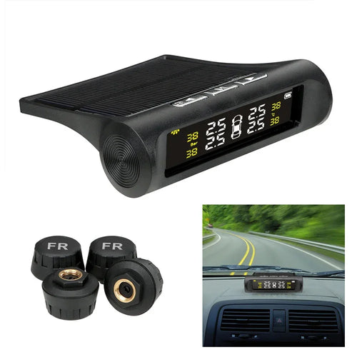 Solar Tire Pressure Monitor, Wireless TPMS with 4 External Sensors, Waterproof Sensors with Replaceable Batteries