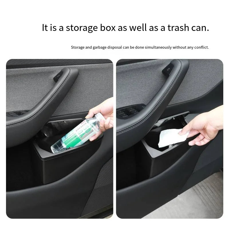 Front Door Storage Bins with Push Lid for Tesla Model Y Juniper 2025+, ABS Door Pocket Organizer and Trash Can