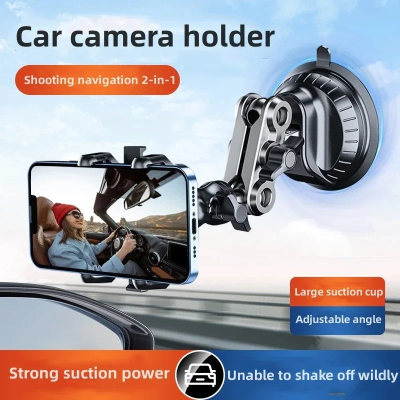 Phone mount on a windshield holding a phone for navigation