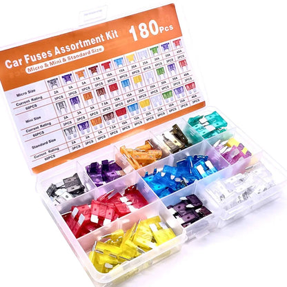 180-piece fuse kit case with color-coded blade fuses