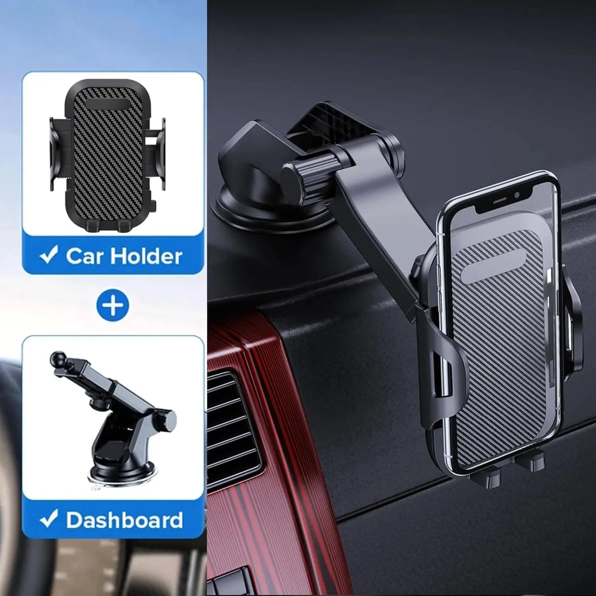Phone mount on a dashboard holding a smartphone