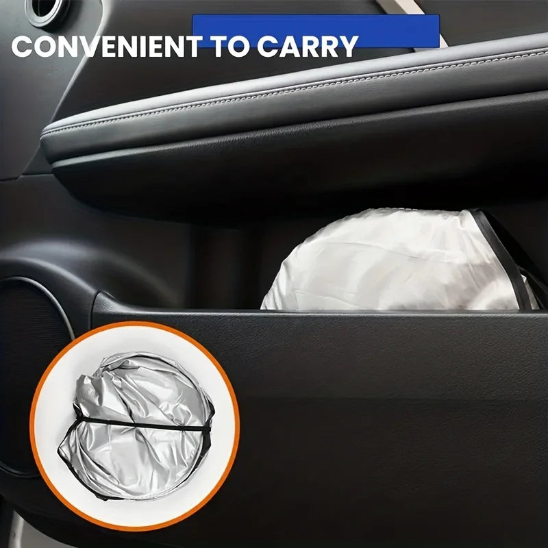 Folded sun shade stored in a car door pocket