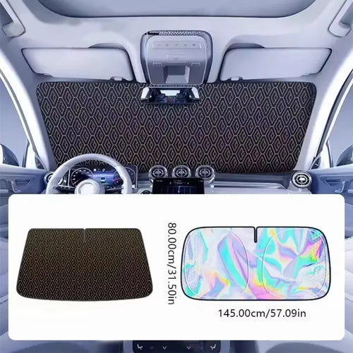 5-layer windshield sun shade in a car, with the diamond-pattern inner side and holographic outer side, 57.1 x 31.5 in