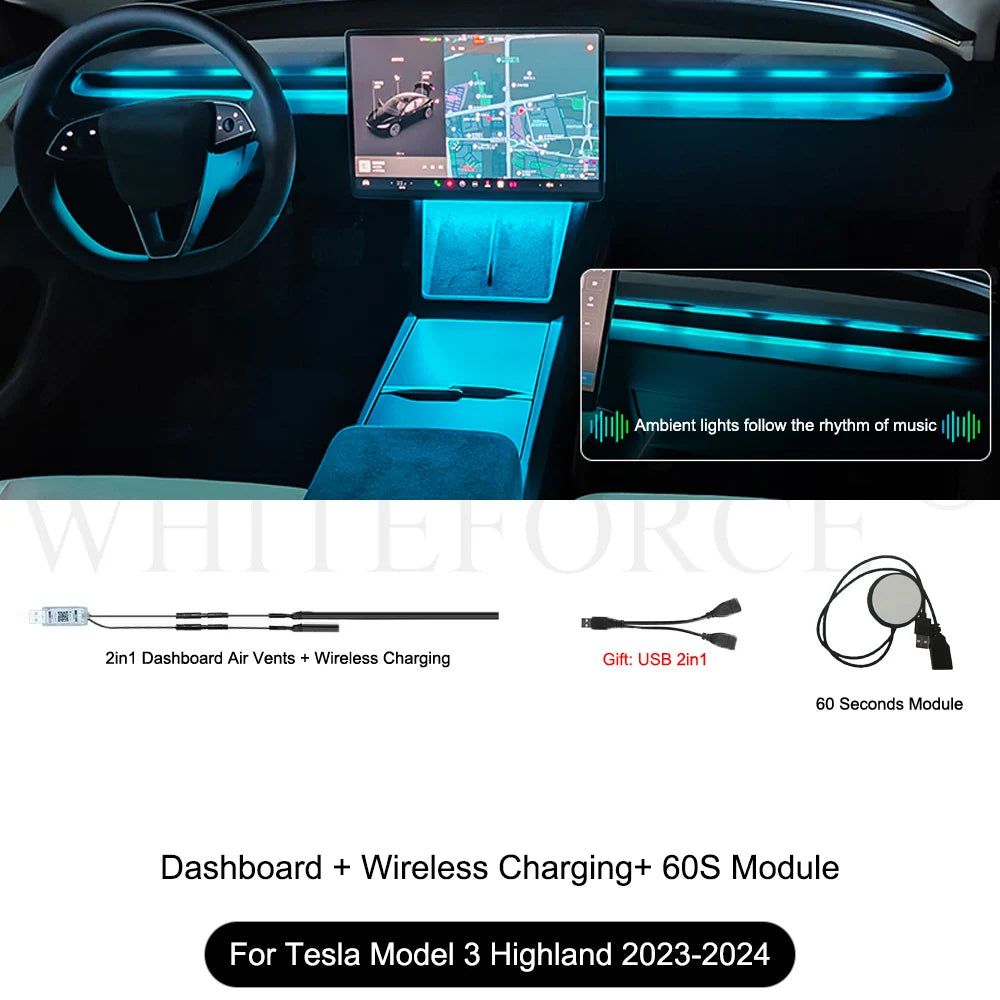 Seatback Ambient Light Kit for Tesla Model 3 Highland 2024 and Model Y Juniper, RGB LED Strips with Touchscreen Control, Plus Console and Dash Sets