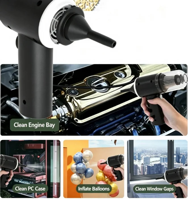 Cordless Handheld Car Vacuum, 2 in 1 Suction and Blower, Rechargeable, with Crevice and Brush Nozzles and Washable Filter