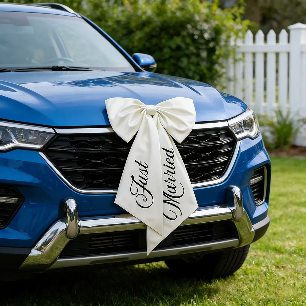 Just Married Car Bow, Large 24 x 39 in Ribbon Bow for the Wedding Car, Engagement, Bridal Shower and Wedding Photo Props