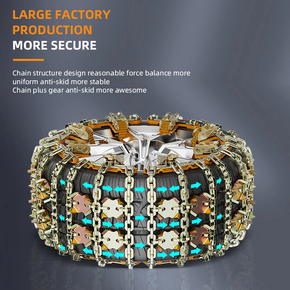 Steel snow chain straps around a tire