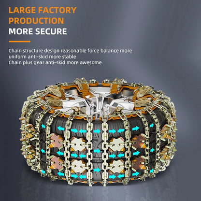 Steel snow chain straps around a tire