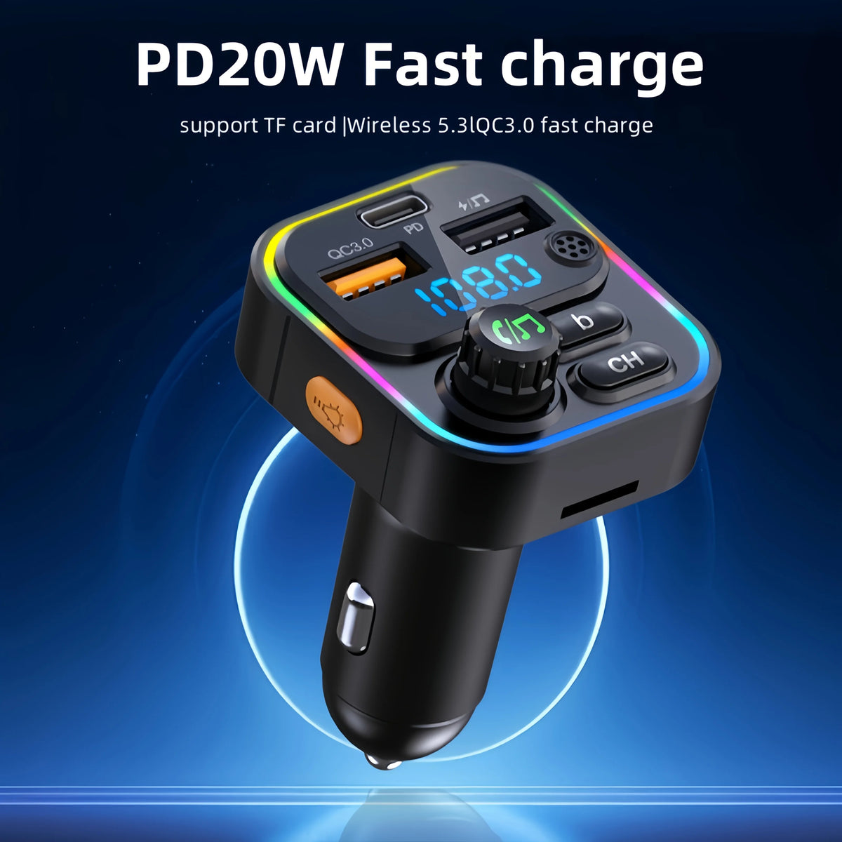 Bluetooth 5.3 FM Transmitter for Car, Hands-Free Calling, 20W USB-C PD and QC3.0 Fast Charging, USB Music Playback, Ambient Light