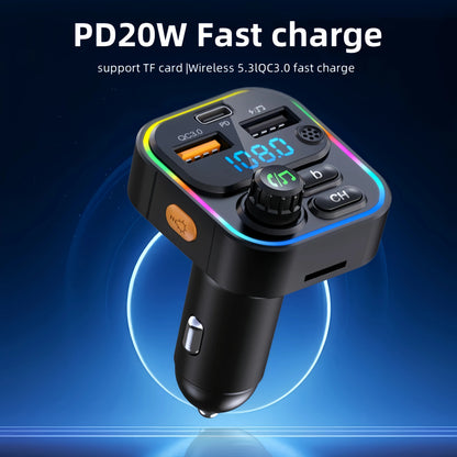 Bluetooth 5.3 FM Transmitter for Car, Hands-Free Calling, 20W USB-C PD and QC3.0 Fast Charging, USB Music Playback, Ambient Light