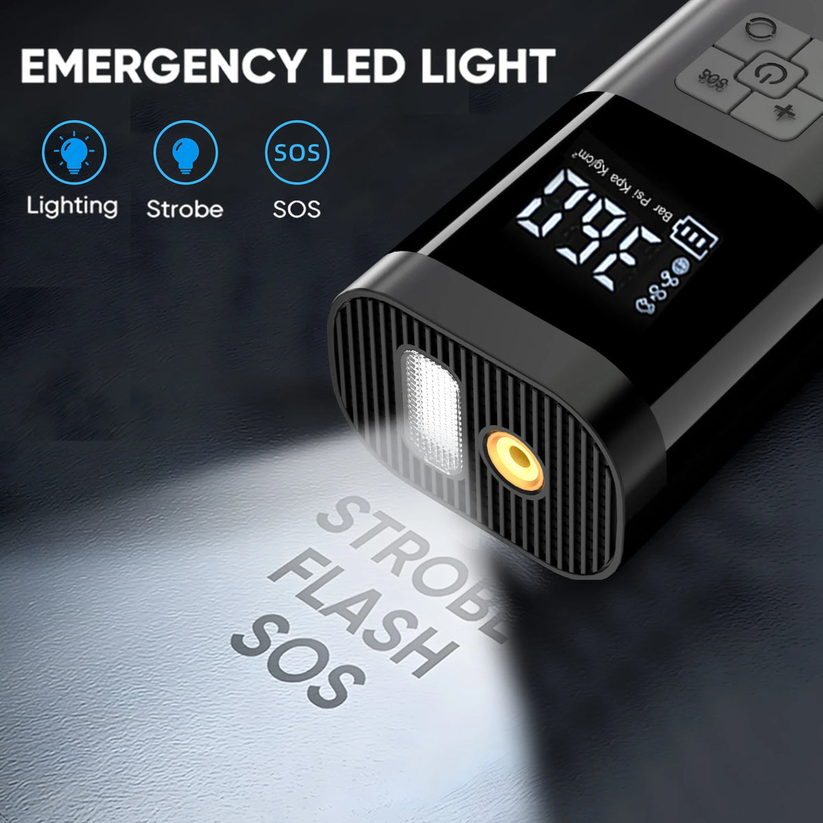 LED light on the tire inflator with light, strobe and SOS modes