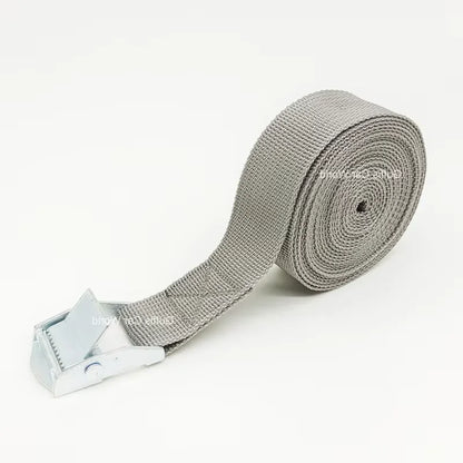 Gray cargo strap with metal cam buckle