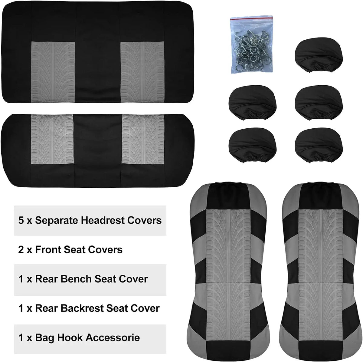 Full set contents: 5 headrest covers, 2 front seat covers, rear bench and backrest covers, hooks