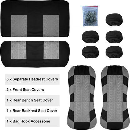 Full set contents: 5 headrest covers, 2 front seat covers, rear bench and backrest covers, hooks