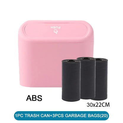 Mini Car Trash Can with Lid and Garbage Bags, Leak-Proof Small Bin for Door Pockets, Consoles and Desks, 4 Colors