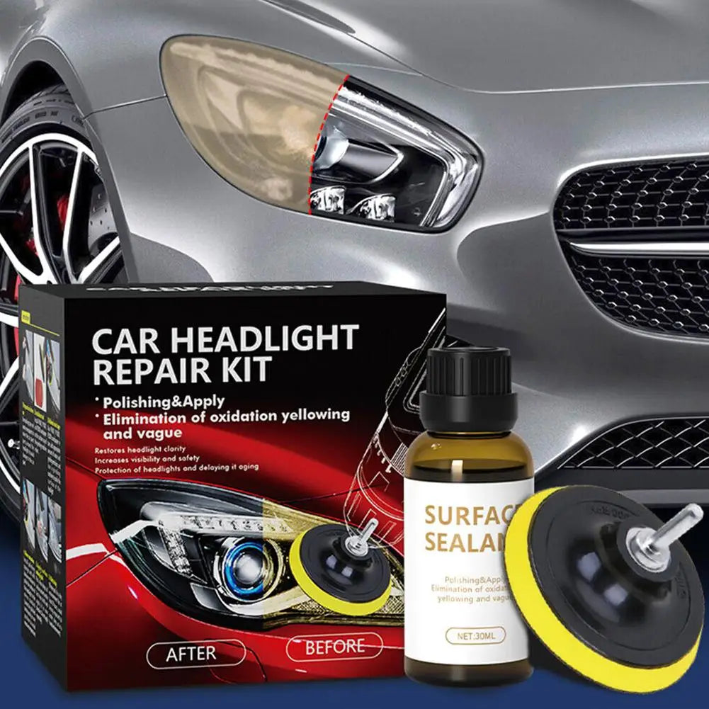 Headlight Restoration Kit with Drill Attachment, Polishing Paste, Restorer Liquid, Sanding Discs and Masking Tape