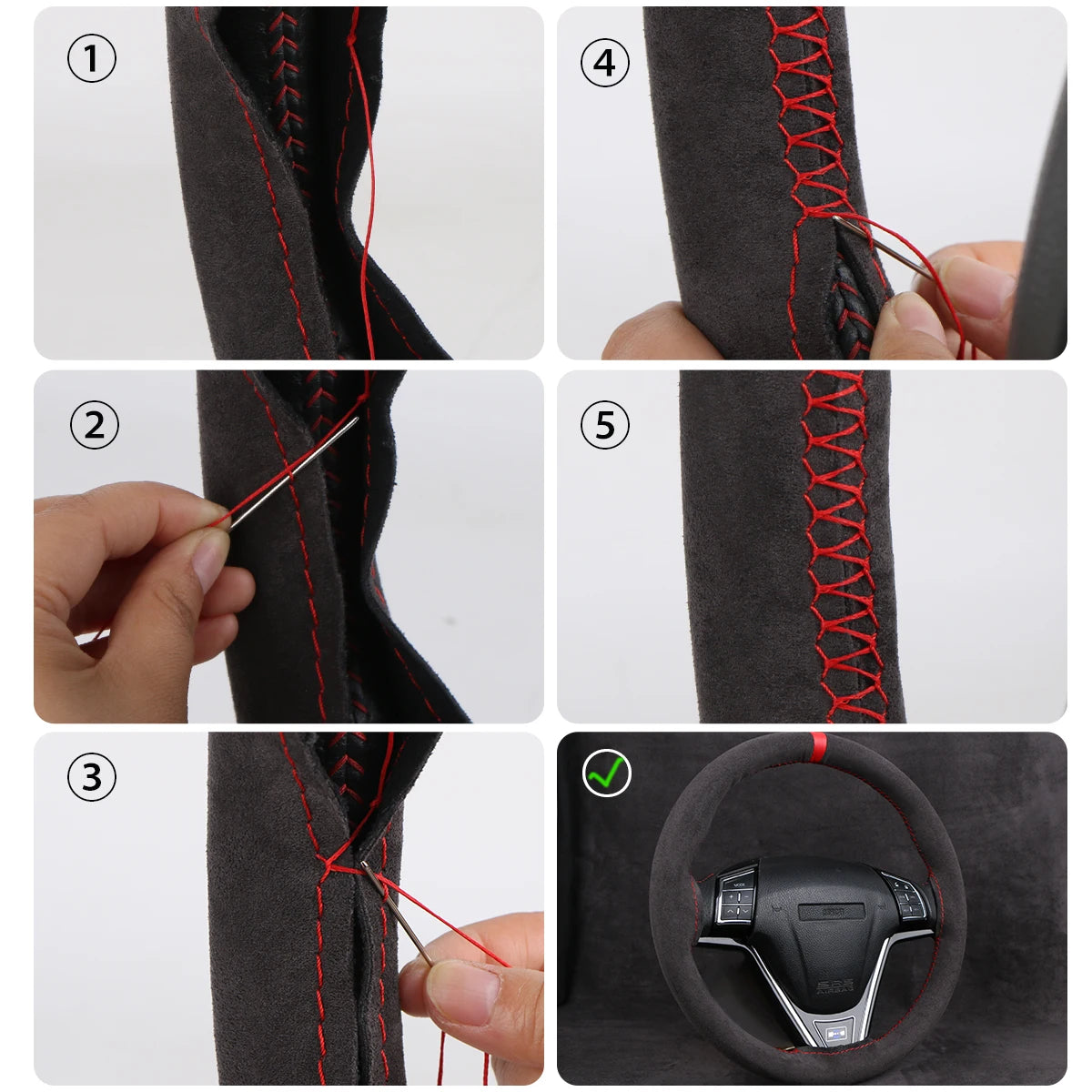Six steps to stitch the cover onto the steering wheel