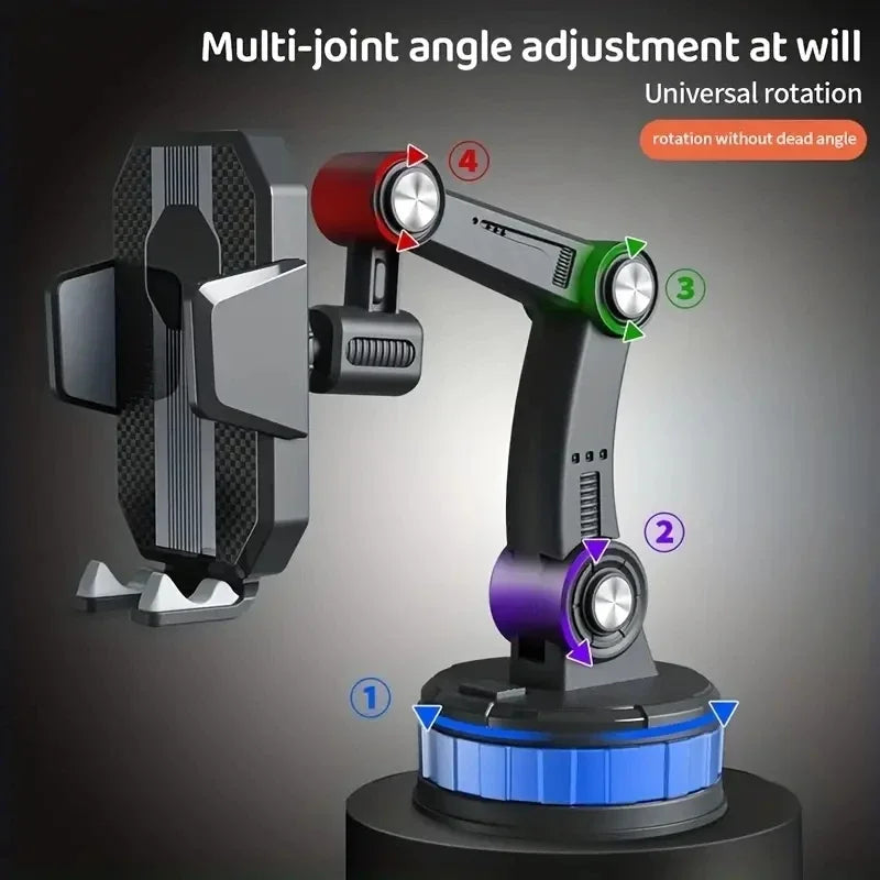 Multi-joint arm of the phone mount adjusts at each joint