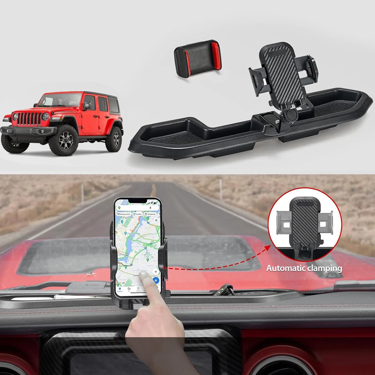 Dashboard Phone Mount for Jeep Wrangler 2021-2023 (JL), Replacement Dash Tray with Metal Support Rod and 360-Degree Phone Holder