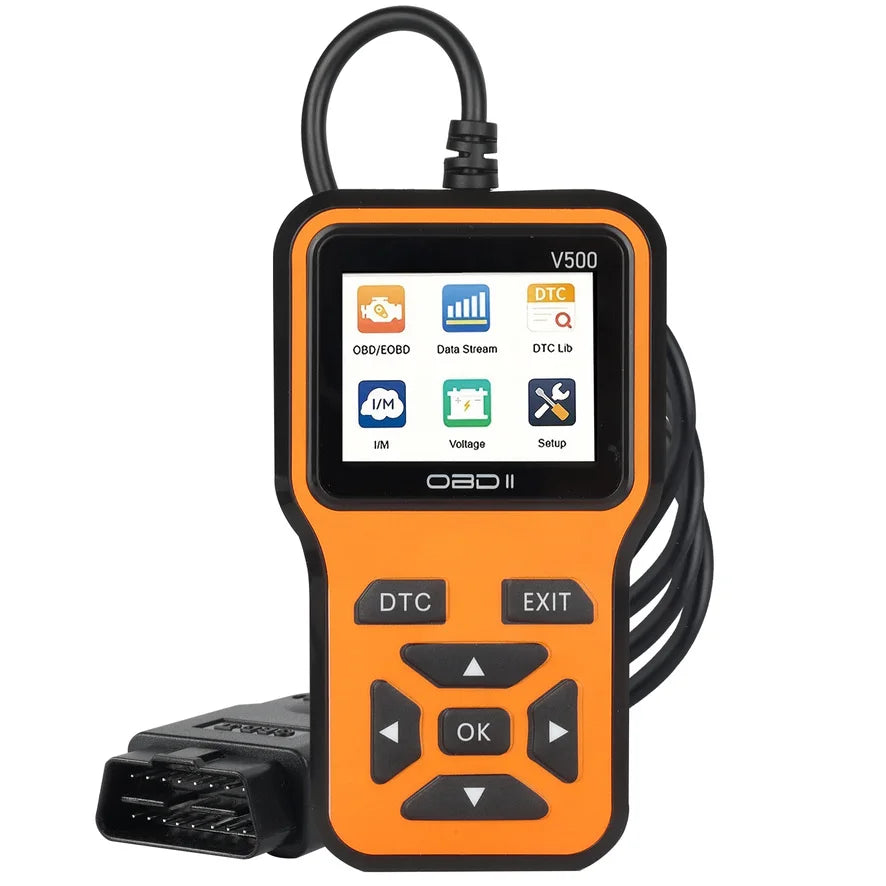 Orange OBD2 scanner with color screen