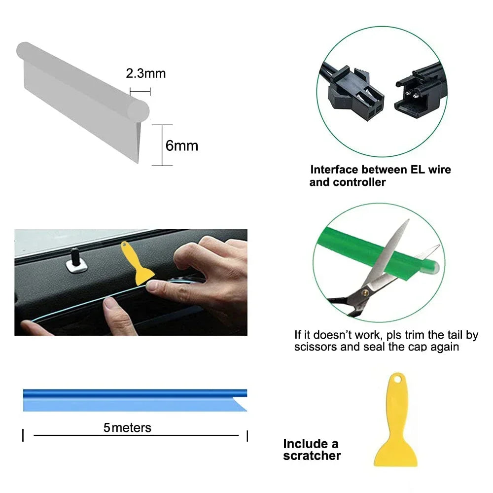 5 m (16.5 ft) EL Wire Car Interior Ambient Light, Flexible Neon Trim Strip with USB or 12V Socket Driver, 10 Colors