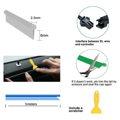 5 m (16.5 ft) EL Wire Car Interior Ambient Light, Flexible Neon Trim Strip with USB or 12V Socket Driver, 10 Colors