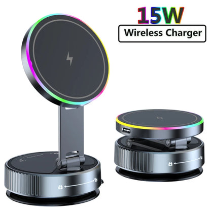 Magnetic Wireless Car Charger with Vacuum Suction Base, 15W Phone Mount with 360 Degree Rotation and RGB Light, 7 Models