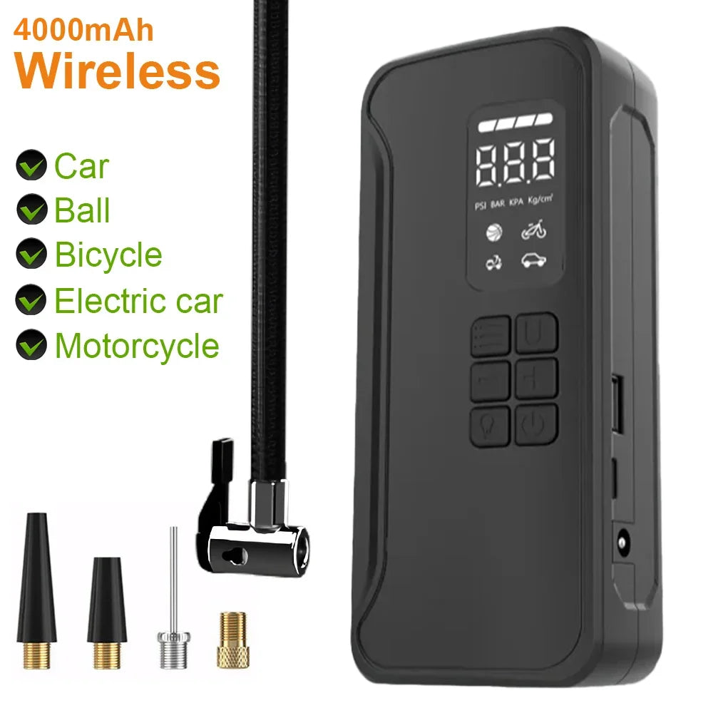 Button model cordless tire inflator, 4000 mAh, with air hose and nozzle adapters