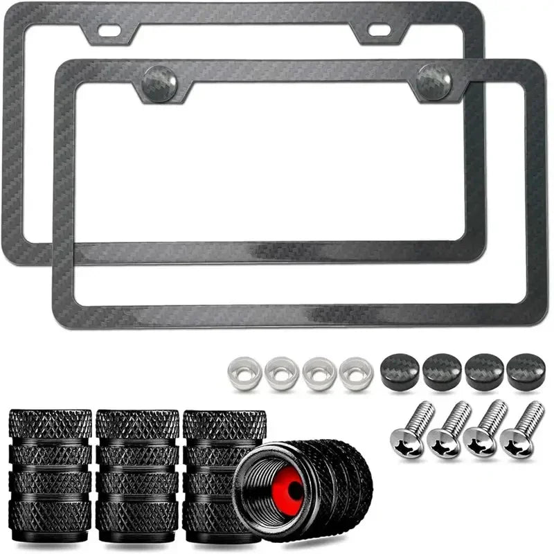 Two frames with screw kits and four black valve caps