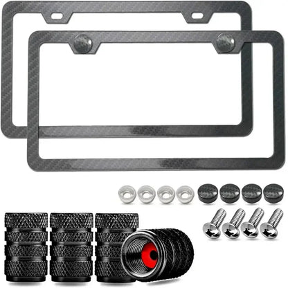 Two frames with screw kits and four black valve caps