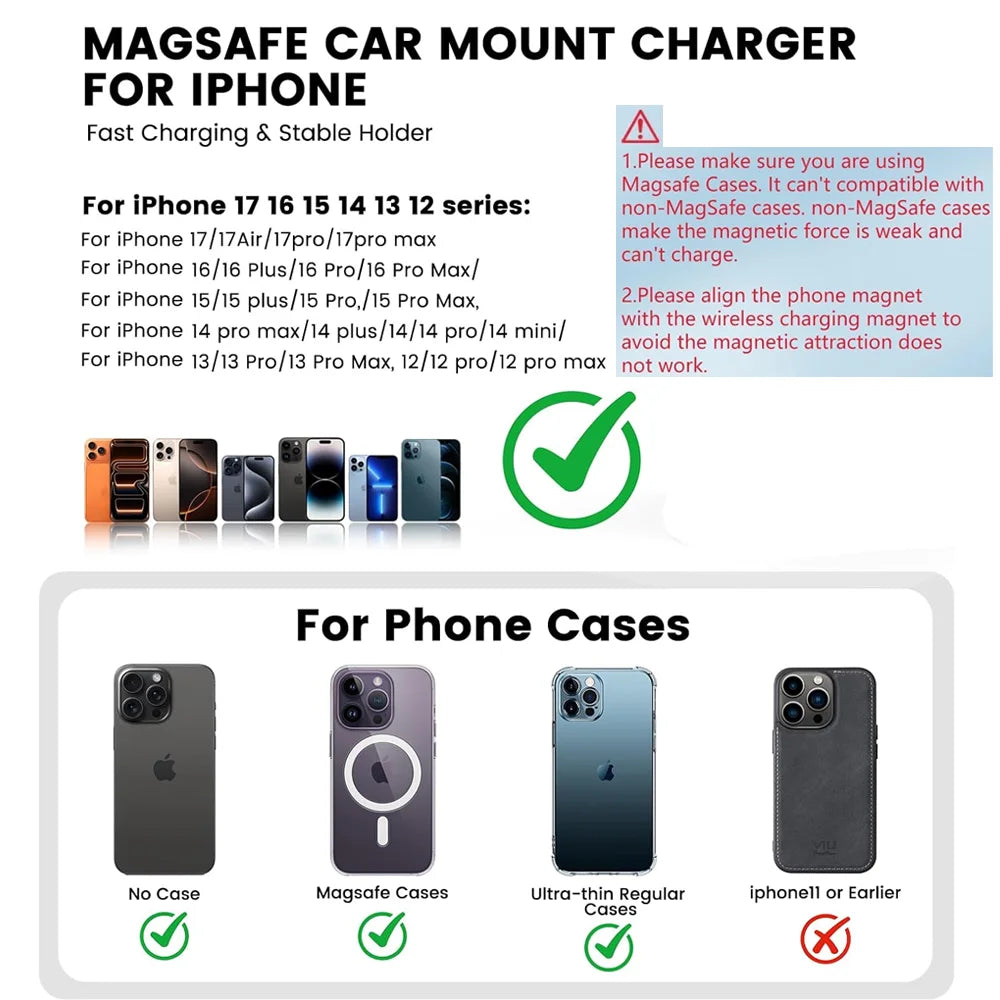 Magnetic Wireless Car Charger and Vent Mount with LED Light Ring, Fast Charging for iPhone 12 and Newer, With or Without Cable