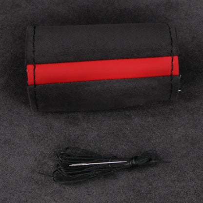 Faux suede cover with red stripe and black thread