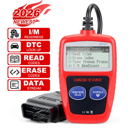 OBD2 code reader features: I/M readiness, trouble codes, read, erase and data, red version