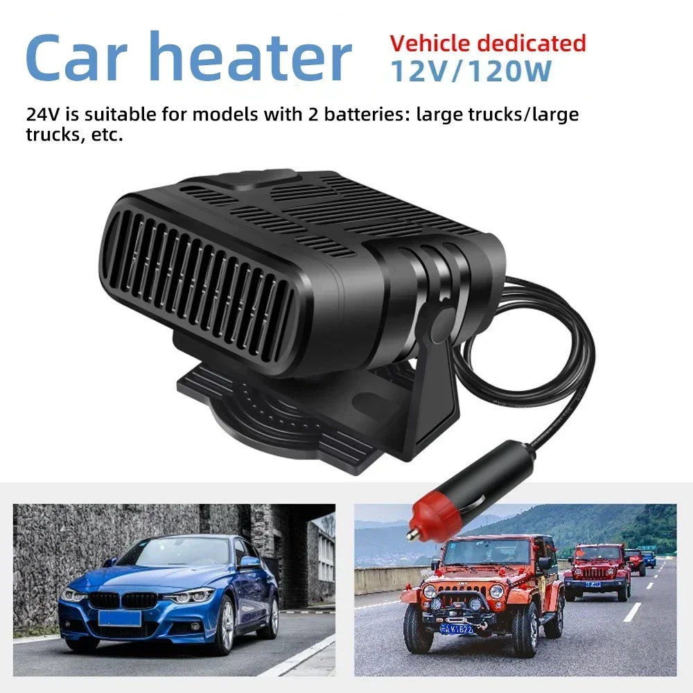 Dual Mode Portable Car Heater and Cooling Fan, 360 Degree Rotating Windshield Defroster and Defogger, 12V 120W or 24V 200W