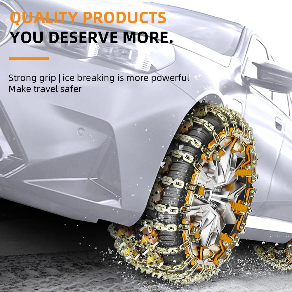 Snow chain straps on a car wheel