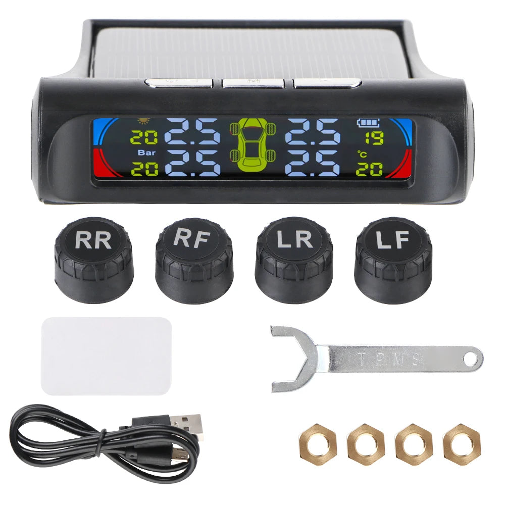 Solar Tire Pressure Monitoring System, Wireless TPMS with 4 External Sensors, Real-Time Pressure and Temperature, PSI or Bar, 15 Styles