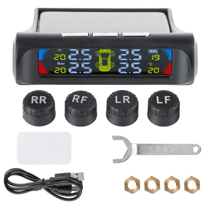 Solar Tire Pressure Monitoring System, Wireless TPMS with 4 External Sensors, Real-Time Pressure and Temperature, PSI or Bar, 15 Styles