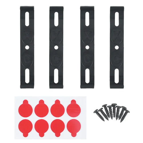 Four black frameless license plate brackets with adhesive pads and screws