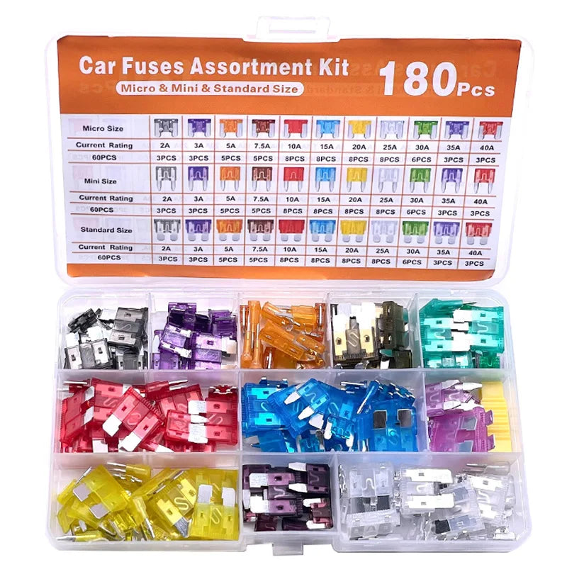 Open car fuse kit showing standard, mini and low profile mini fuses