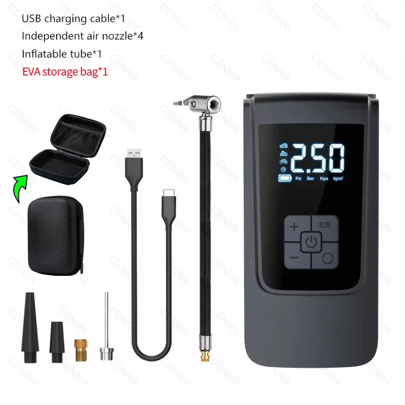 Tire inflator with USB cable, air hose, nozzle adapters and EVA hard case