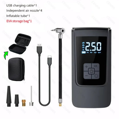 Tire inflator with USB cable, air hose, nozzle adapters and EVA hard case