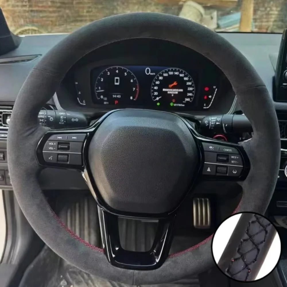 Steering Wheel Cover for Honda CR-V 2023 and Civic 2022-2023, Hand-Sewn Perforated Suede, Non-Slip Grip Sides, 7 Stitching Colors
