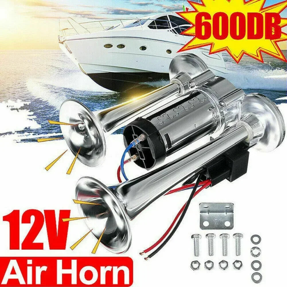 Silver dual trumpet air horn, 12V