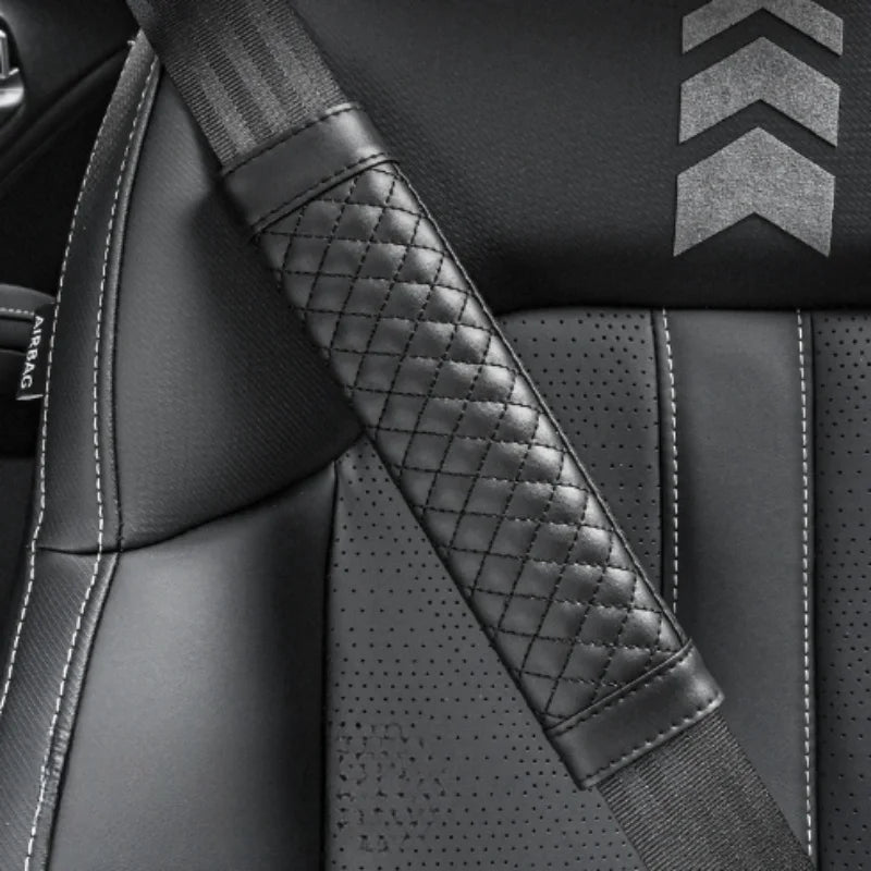 Embroidered Leather Seat Belt Shoulder Cover for Adults, Wear-Resistant with Anti-Slip Pads, Beige, Brown, Black or Gray