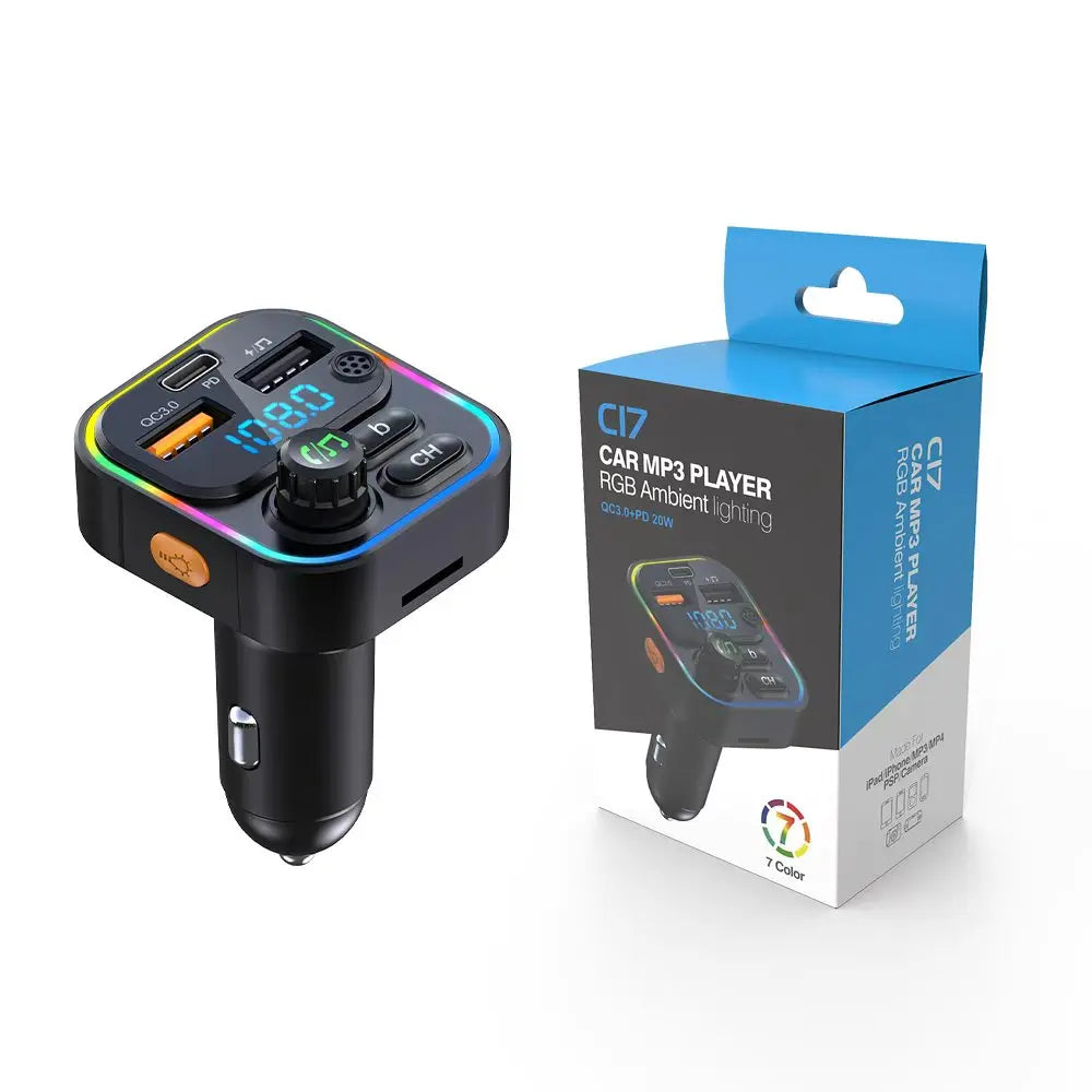 Bluetooth 5.3 FM Transmitter for Car, Hands-Free Calling, 20W USB-C PD and QC3.0 Fast Charging, USB Music Playback, Ambient Light
