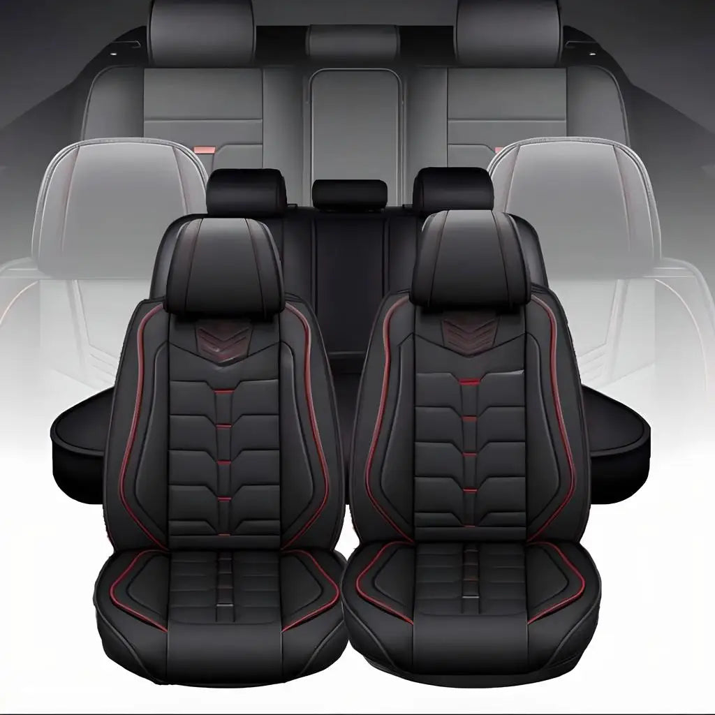 Car Seat Covers for Toyota Camry, Full Set for 5 Seats, Black PU Leather with Red Stitching, Water-Resistant Front and Rear
