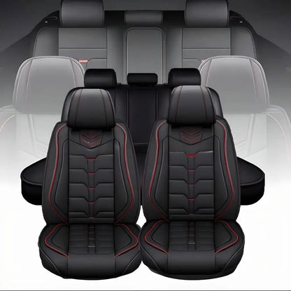 Car Seat Covers for Toyota Camry, Full Set for 5 Seats, Black PU Leather with Red Stitching, Water-Resistant Front and Rear