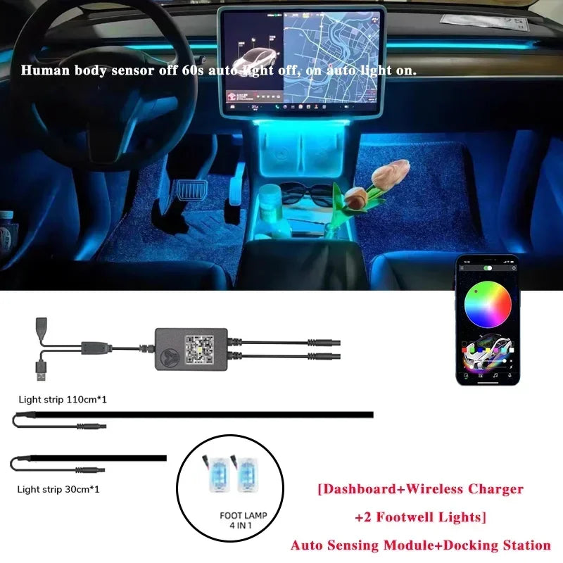Dashboard Ambient Light Kit for Tesla Model 3 and Model Y, RGB Fiber Optic Strips with App Control and Music Sync, Optional 4 Footwell Lights