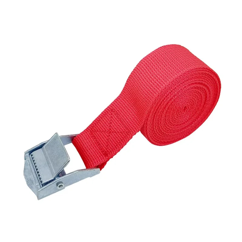 Red cargo strap with metal cam buckle