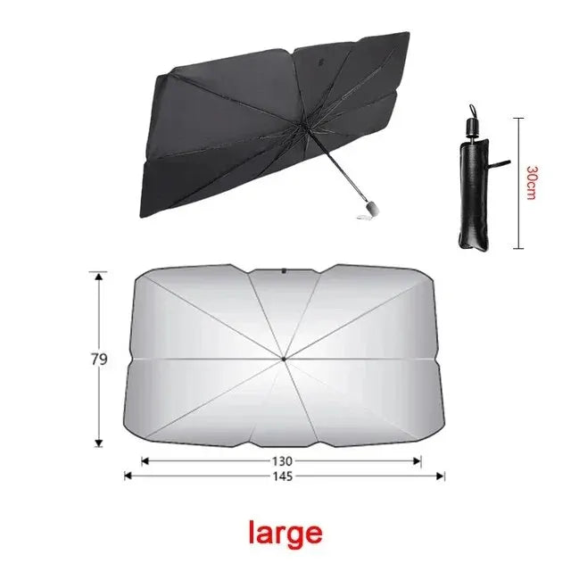 Large umbrella sun shade size: 51.2 in top, 57.1 in bottom, 31.1 in high, 11.8 in folded